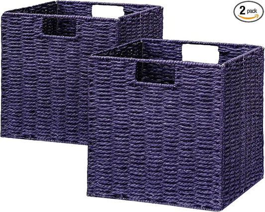 Vagusicc Wicker Storage Basket, Set of 2 Hand-Woven Paper Rope Wicker Basket, Foldable Cube Storage Bins, 9 inch Square Storage Baskets for Organizing Shelves & Decor, Purple (9″×9″×9″) by Vagusicc