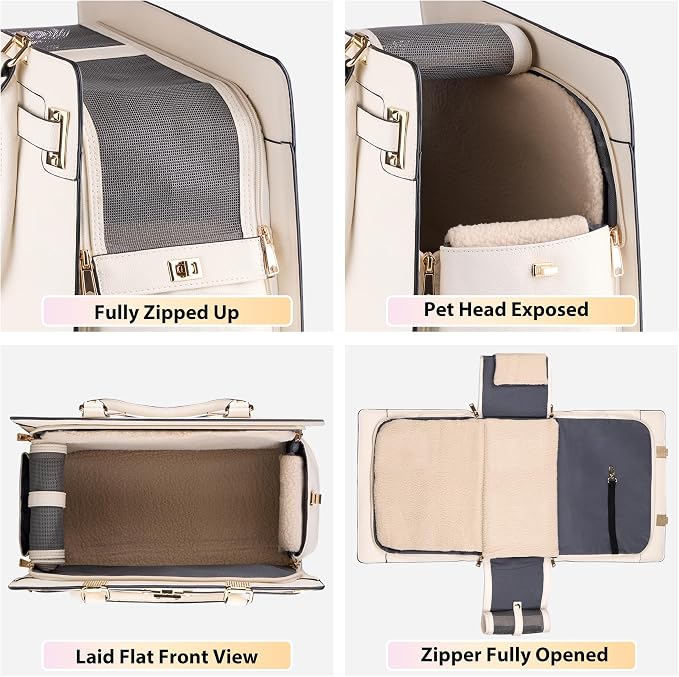Dog Purse Carrier for Small Dogs, Stylish Foldable Pet Carrier Purse Tote Bag with Washable Cushion & Safety Leash, Airline Approved Puppy Travel Bag with Pockets (White) - Image 6