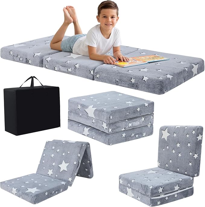 MeMoreCool Glow Star Kids Foldable Floor Mattress Trifold, 75x25 Inch Grey | Glow star trifold mattress for classroom flexible seating, reading, camping by MeMoreCool