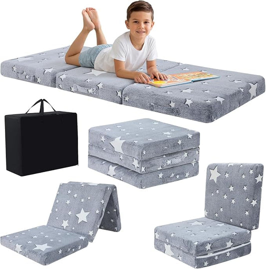 MeMoreCool Glow Star Kids Foldable Floor Mattress Trifold, 75x25 Inch Grey | Glow star trifold mattress for classroom flexible seating, reading, camping by MeMoreCool