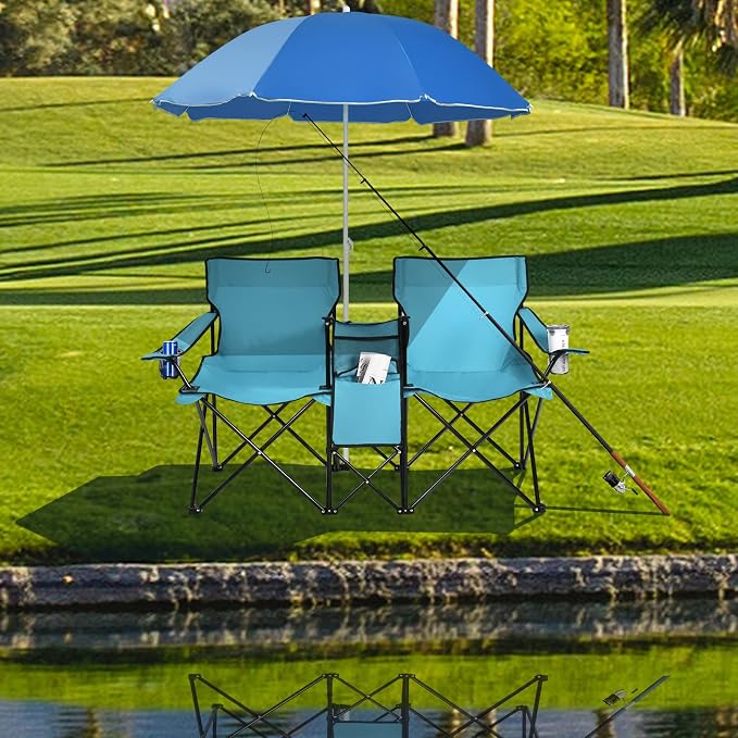 Goplus Double Camping Chair with Umbrella, Folding Loveseat Chairs w/Canopy Shade, Carrying Bag, Table, Cup Holder, Portable Beach Chairs Outdoor Picnic Patio (Turquoise) - Image 2