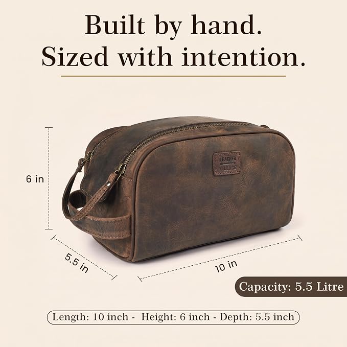 LEATHER VILLAGE Genuine Leather Toiletry Travel Bag With Waterproof Lining - Brown | King-Size Handcrafted Vintage Dopp Kit Bag, Shaving & Bathroom Organizer, Gift for Men & Women - Image 3