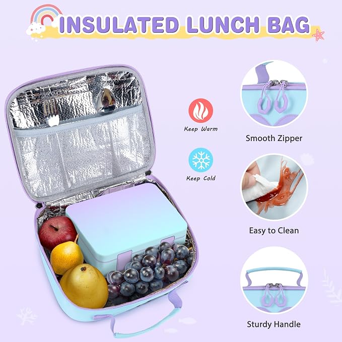 ACESAK Girls Backpack - Bento Box with Insulated Lunch Bag Pencil Case & Utensils Set for Kids, 6 Leakproof Compartments Removable Tray Lunches or Snack Container for School (Blue Purple) - Image 6