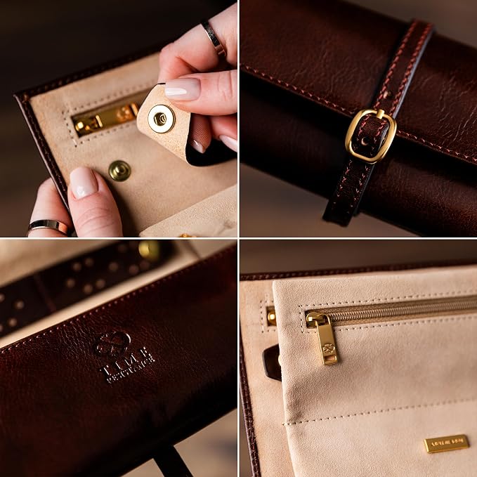 Time Resistance Leather Jewelry Roll - Full Grain Leather Travel Jewelry Case - Jewellery Organizer Made in Italy (Brown) - Image 5