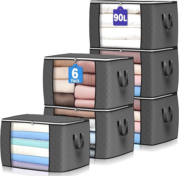 90L Large Storage Bags, 6 Pack Clothes Storage Bins Foldable Closet Organizers Storage Containers with Reinforced Handle for Clothing, Blanket, Comforters, Bed Sheets, Pillows and Toys (Gray) | Foldable Storage Containers, with Reinforced Handle, for C... by BuddingJoy-BuildaJoyfulLifeforYou
