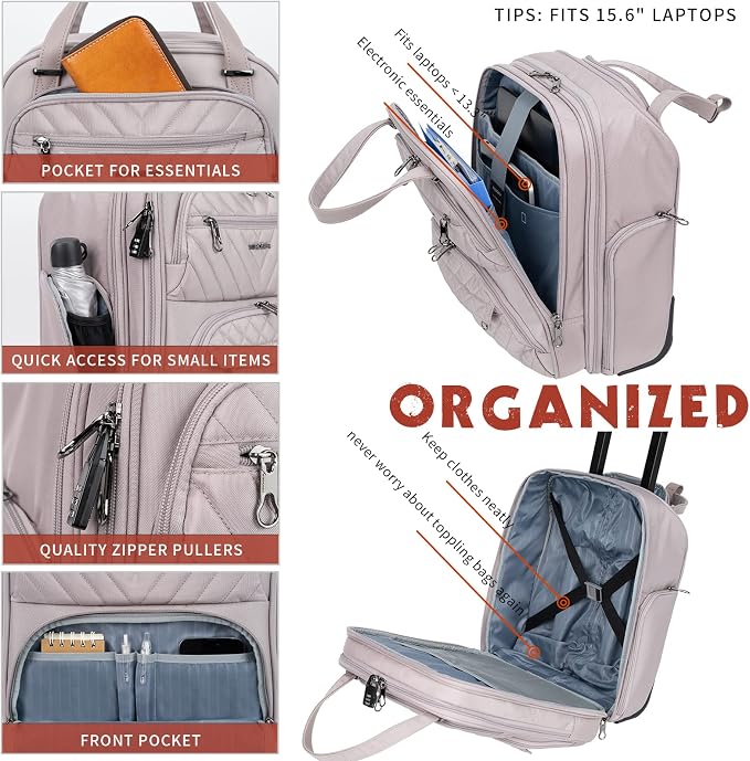 KROSER Carry On Underseat Multi-functional, 16-inch Underseater Lightweight Overnight Suitcase for Women, Dusty Pink - Image 4
