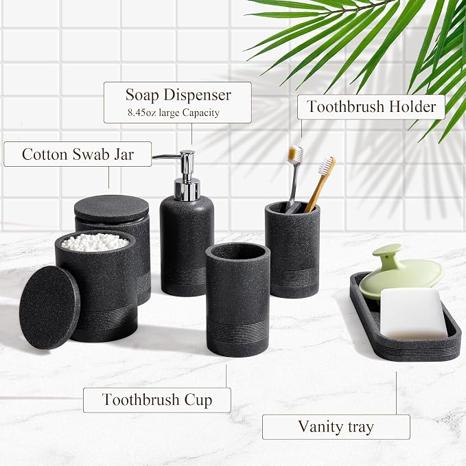 Bathroom Accessories Set, 6-Piece Bathroom Accessory Set, Toothbrush Holders Set, Soap Dispenser, Vanity Tray, Tumbler, Cotton Swab Jars, Bathroom Organizer for Modern Bathrooms(Black) - Image 6
