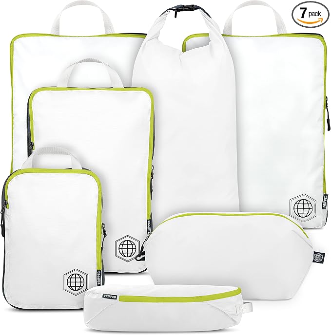Large Compression Packing Cubes for Travel-Packing Cube Luggage Organizers 7 Piece Set for Checked Luggage-Ultralight, Expandable/Compression Bags by TRIPPED Travel Gear (White/Green) by TRIPPEDTravelGear