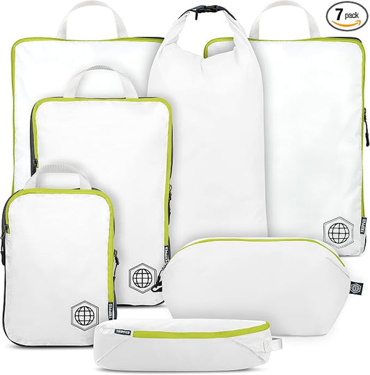 Large Compression Packing Cubes for Travel-Packing Cube Luggage Organizers 7 Piece Set for Checked Luggage-Ultralight, Expandable/Compression Bags by TRIPPED Travel Gear (White/Green) by TRIPPEDTravelGear