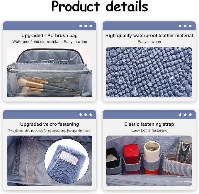 BOYATU Travel Makeup Bags for Women: 3 Pcs Set Wide Open Cosmetic Bag - Portable Make up Bags with Handle - Vegan Leather Toiletry Organizer Bag with Divider (G-05-Blue) - Image 4