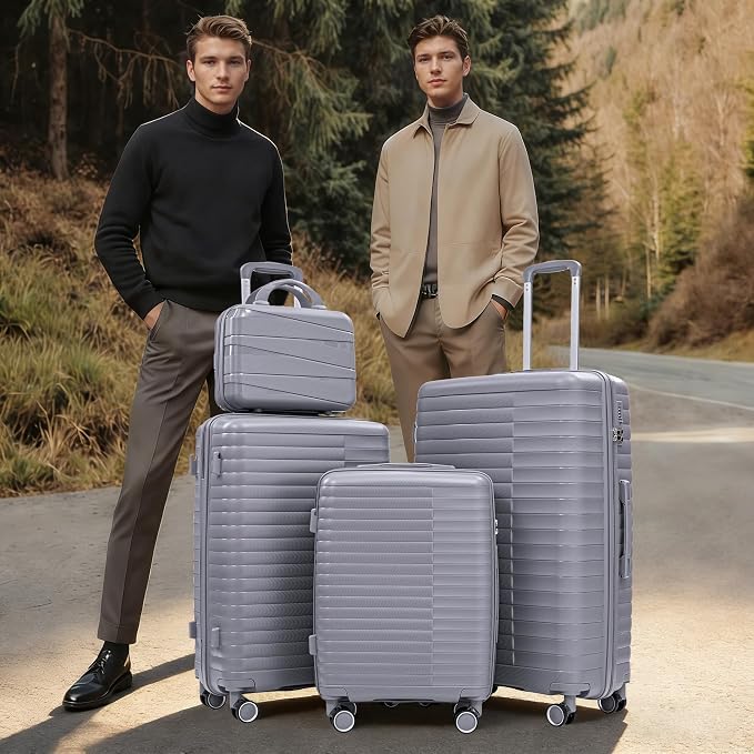 4-Piece PP Hardshell Luggage Set with 14" Cosmetic Case, 20"/24"/28" Spinner Suitcases,Carry On with Iron Telescopic Handle, Combination Lock,360° Double Silent Wheels,Waterproof Travel Set,Light Gray - Image 2