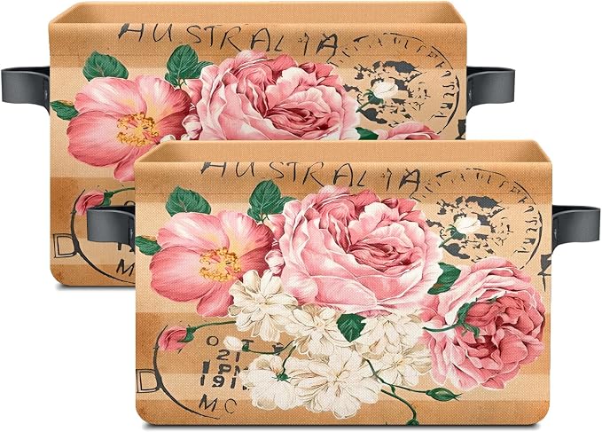 Vintage Rose Floral Foldable Baskets Storage Bins with Handles, Decorative Cloth Organizer Storage Boxes 2 sets - Image 2