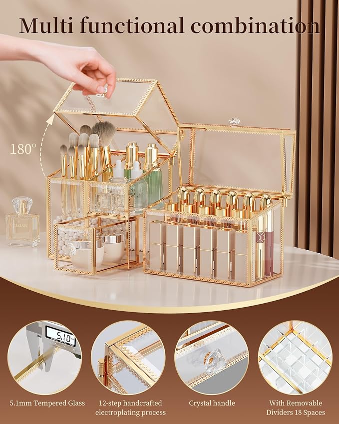 CoralHouse Makeup Brush Organizer – Vanity Organizer with 18-Slot Lipstick Organizer & Makeup Brush Holder with Lid – Skincare, Perfume & Cosmetic Storage for Bathroom or Dresser - Image 4