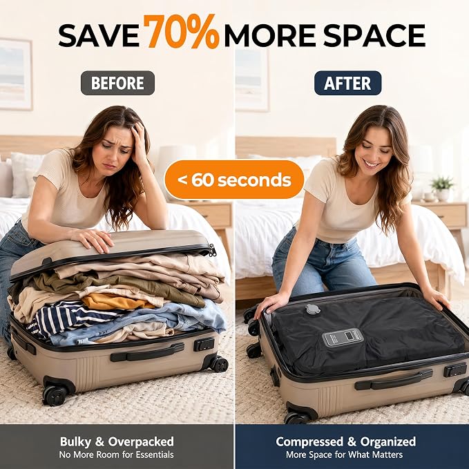 MOUNTRAX Vacuum Seal Bags for Travel with Bag-Pump Integrated Design, 43L Compression Packing Cubes for Carry-On Suitcase & Travel Backpack, Reusable IP67 Waterproof Vacuum Storage Kit, Gift Set - Image 4