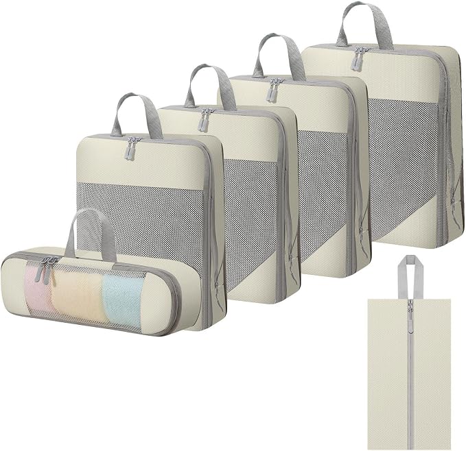 WOOMADA Compression Packing Cubes for Suitcases Travel Essentials 6 Set Rectangle Mesh Expandable Travel Bags Organizer for Luggage by WOOMADA