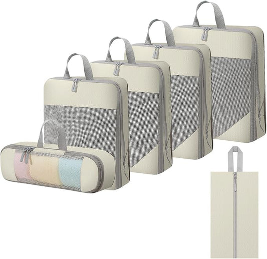 WOOMADA Compression Packing Cubes for Suitcases Travel Essentials 6 Set Rectangle Mesh Expandable Travel Bags Organizer for Luggage by WOOMADA