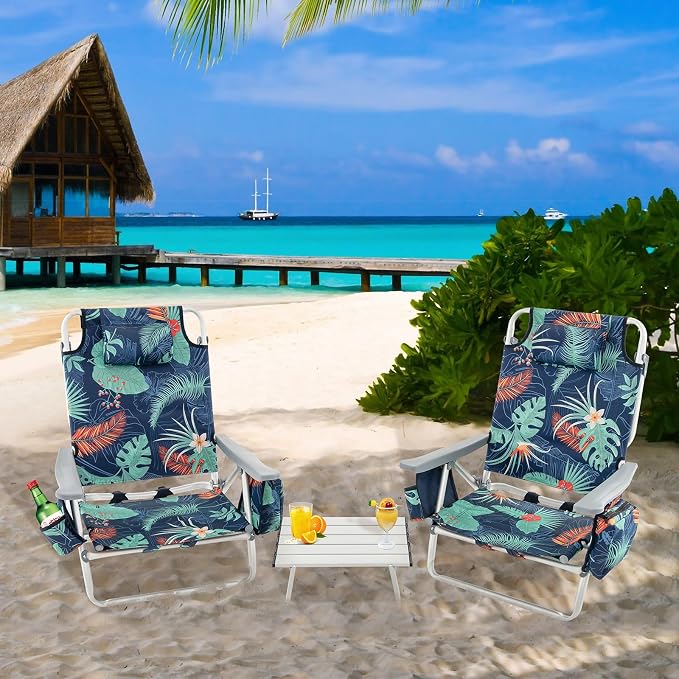 Giantex Folding Beach Chair, Patio Sling Chairs with 5 Adjustable Position, Head Pillow, Storage Bag, Towel Bar, Cup Holders, Backpack Chairs for Sunbathing, Camping Chair - Image 6