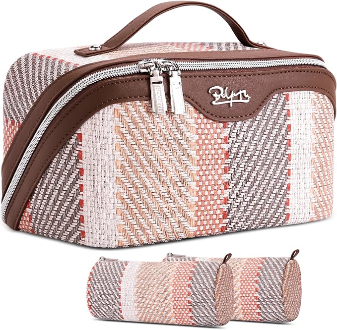 BOYATU Travel Makeup Bag Cosmetic Bag for Women: 3 Pcs Set Make up Bag with Compartments - Waterproof Vegan Leather Toiletry Bags with Handle - Makeup Organizer for Travel Essentials(C-5-Coffee) by BOYATU