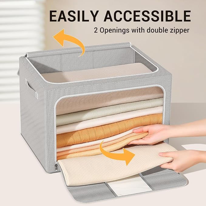 Clothes Storage Bins with Metal Frame Foldable Storage Box Clothes Organizers Storage Containers for Clothes Sheets Blankets Books Toys Gifts and Holiday Decorations (66Lx3 Pack) - Image 4