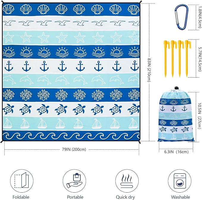 HIHOHO Beach Blanket Waterproof Sandproof Extra Large Beach Mat 79" X 83"/120"x108"for 1-8 Adults Quick Drying Durable Outdoor Picnic Mat for Beach Travel Camping Hiking - Image 2