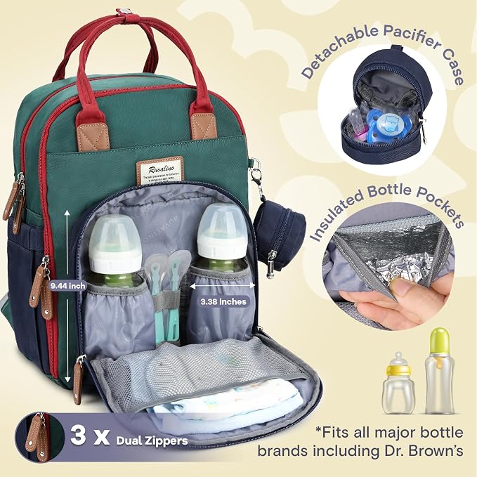 RUVALINO Diaper Bag Backpack-Multifunction Baby Travel Bag with Changing pad, Insulated Bottle Holders & Pacifier Case, Large Capacity, Waterproof, Red-Green-Blue - Image 4