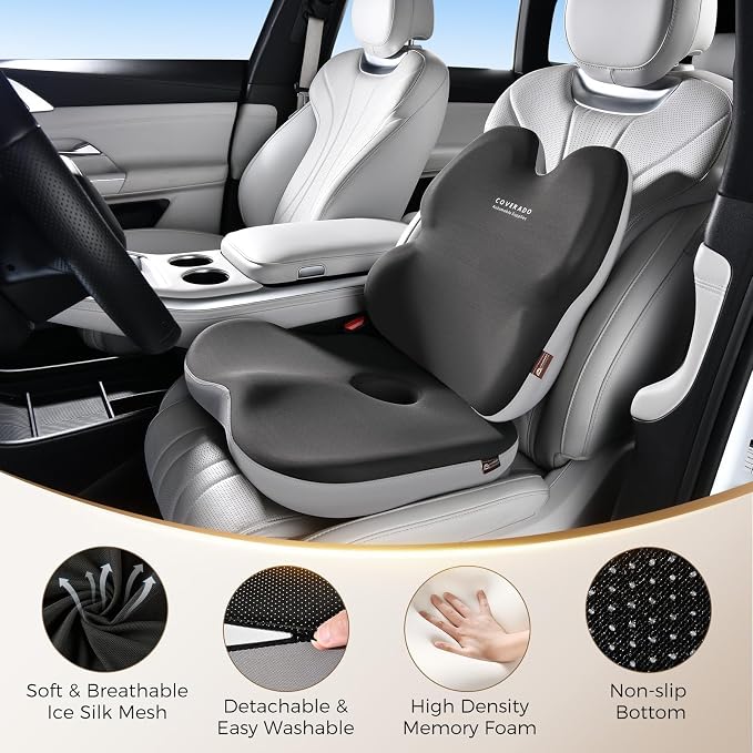 Coverado Car Seat Cushion And Lumbar Support Pillow for Office Chair,Desk Chair, Wheelchair, Gaming Chair, Car, Airplane, Washable Ergonomic Memory Foam Pillow Back Cushions & Seat Cushions Gray&Black - Image 7