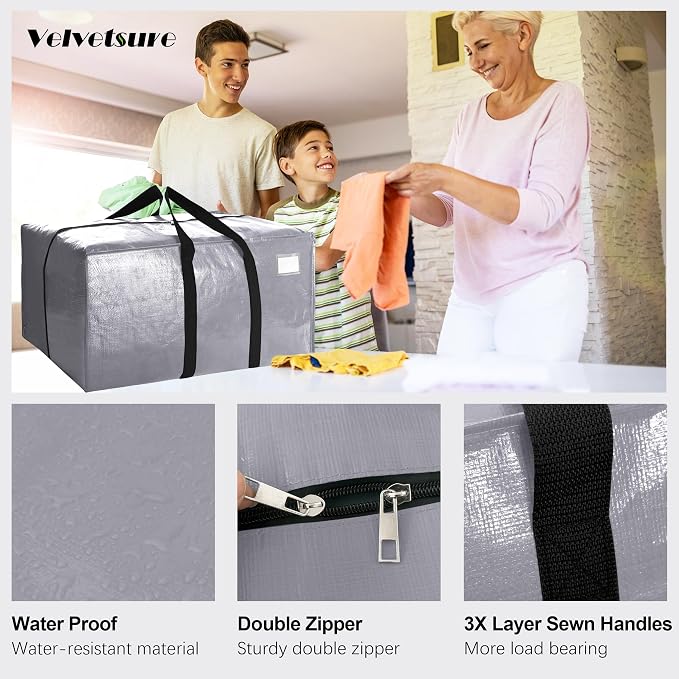 VELVETSURE Heavy Duty Extra Large Moving Bags W/Backpack Straps - Strong Handles & Zippers, Storage Totes For Space Saving, Fold Flat, Alternative to Moving Box and Storage Bin (Set of 6, Silver) - Image 3