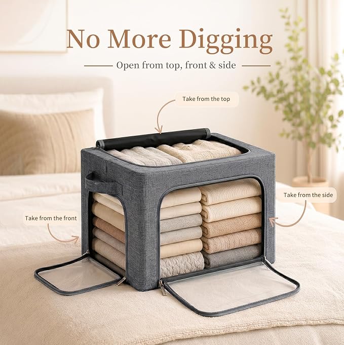 GoMaihe 3 Opening Clothes Storage Bins with Metal Frame, 40L Sweater Storage Organizer for Upper Shelf Closet Storage Boxes with Clear Window for Hoodies Jeans Towel 3-Pack Grey - Image 2