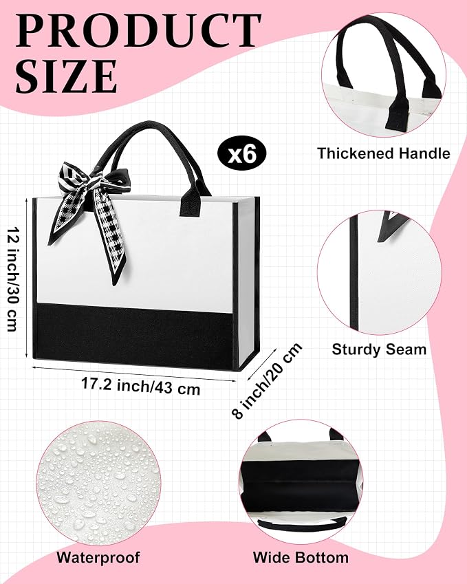 Reginary 6 Pcs Canvas Beach Tote Bags with Handles and Scarves Large Capacity Waterproof Tote Set for Women Black and White Reusable Gift Bags for Travel Shopping Wedding - Image 4