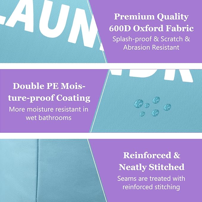 Set of 2 Collapsible Laundry Baskets with Handles, 95L Big Laundry Hampers for Bedroom, Waterproof Clothes Baskets, Independent Dirty Clothes Hamper for Travel, Nursery, Purple/Blue - Image 6