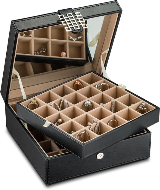 Glenor Co Earring Organizer - Classic 50 Section Jewelry Box/Case/Holder for Earrings, Rings, Necklaces, Jewelry, Cufflinks or Collections -2 Layer Small Compartments with Large Mirror - Black by GlenorCo