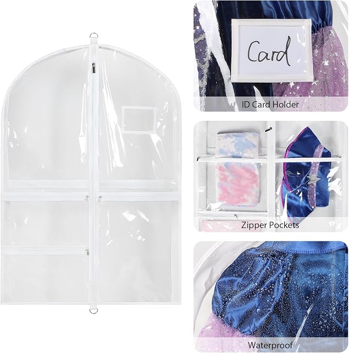 Univivi Clear PVC Dance Costume Bags Garment Bag 35 Inch for Dance Competitions, with 3 Seperated Medium Clear Zipper Pockets and 1 Large Back Zippered Pocket (Clear) - Image 3