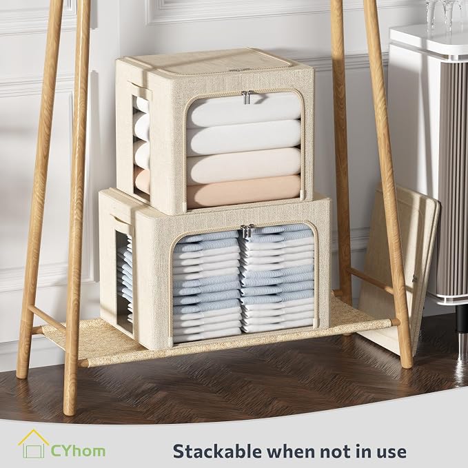 CYhom Clothes Storage Bins Box - Linen Fabric Foldable Stackable Container Organizer Set with Clear Window & Carry Handles & Metal Frame - 2Pack Large Capacity for Bedding, Blankets, Books - Image 8