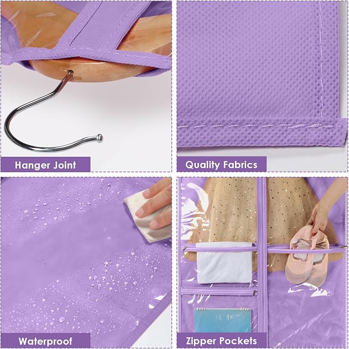 Univivi Dance Costume Bags Garment Bag 40 Inch Hanging Clothes for Dance Competitions, with 3 Medium Clear Zipper Pockets for Dance Costumes, Closet Storage (Purple) - 4 Pack - Image 3