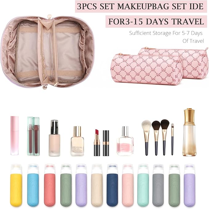 Travel Makeup Bags for Women: 3 Pcs Set Luxury Bow Print Make up Bag - Large Capacity Cute Cosmetic Case - 3–15 Day Travel Toiletry Organizer Bag, Comes with An Gift Box(Jewel pink) - Image 4