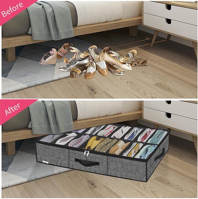 Onlyeasy Sturdy Under Bed Shoe Storage Organizer Fit 8 to 16 Pairs, Collapsible Closet Underbed Shoes Container Bags with Reinforced Handles, 37.7x23.6x5.9in, Linen-like Black, MXAUBS16P1 - Image 3
