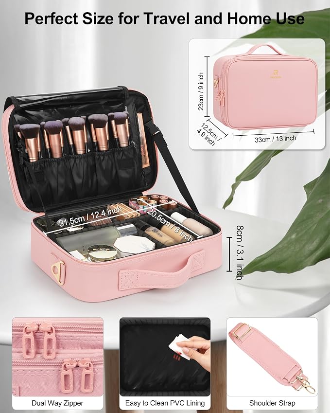 Relavel Makeup Bag Travel Makeup Train Case 13 inches Large Cosmetic Case Professional Portable Makeup Brush Holder Organizer and Storage with Adjustable Dividers and Shoulder Strap (Pink) - Image 2