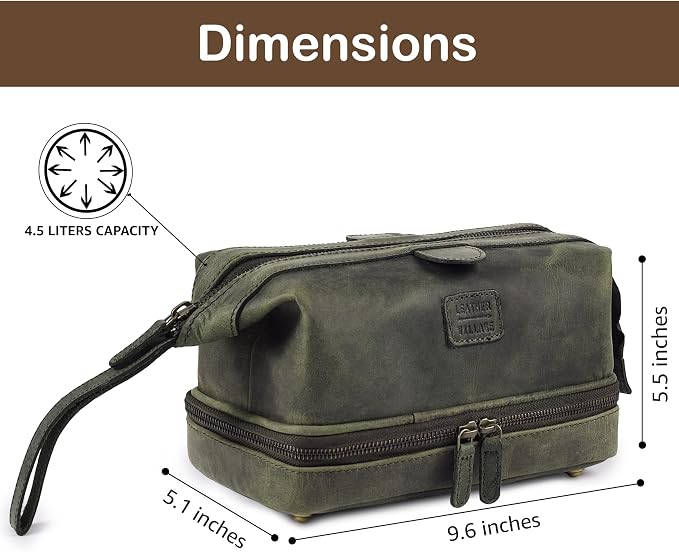 LEATHER VILLAGE Genuine Leather Dopp Kit – Large Travel Toiletry Bag with Waterproof Lining, Dual-Zip Design for Men & Women, Organizer for Shaving, Makeup & Essentials - Olive - Image 5