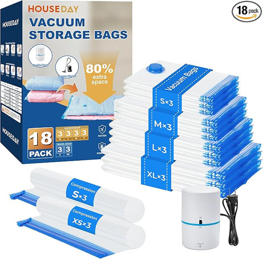 HOUSE DAY 18 Pack Vacuum Storage Bags with Electric Pump, Valve, Space Saver Vacuum Seal Bags for Clothing, Comforters, and Travel Essentials 3 Jumbo,3 Large,3 Medium,3 Small/3 Small,3 XS Roll Up Bag by HOUSEDAY
