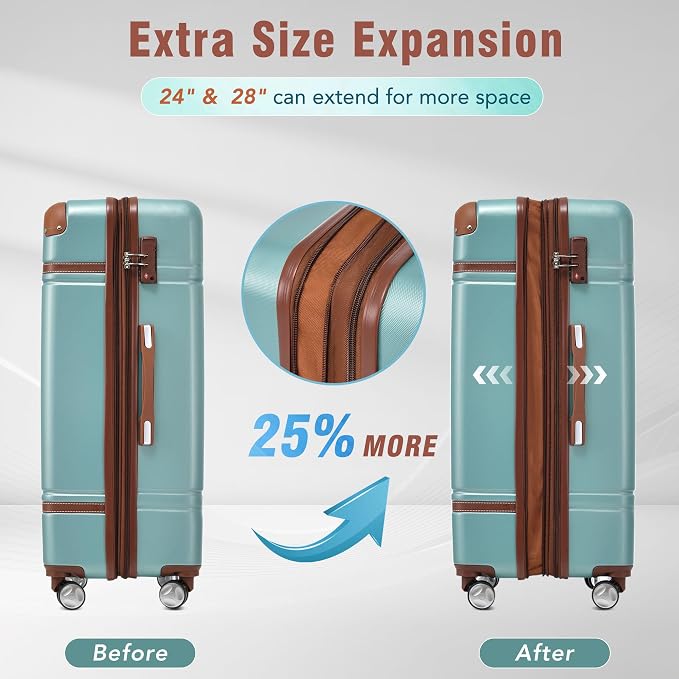 Merax Luggage Set, 3 Piece Luggage with Cosmetic Case, Vintage Hardcase Suitcase with Wheels, Expandable Luggage Airline Approved(Blue Green,20"+24"+28") - Image 3