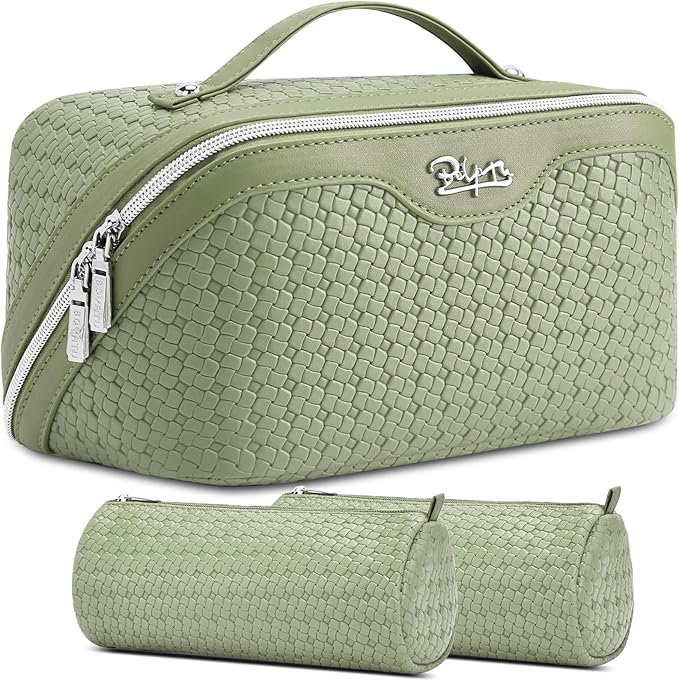 BOYATU Travel Makeup Bag Cosmetic Bags for Women: Large Capacity 3 Pcs Set Make up Bag with Compartments - Waterproof Vegan Leather Toiletry Organizer Bags with Handle (L51Grass Green) by BOYATU