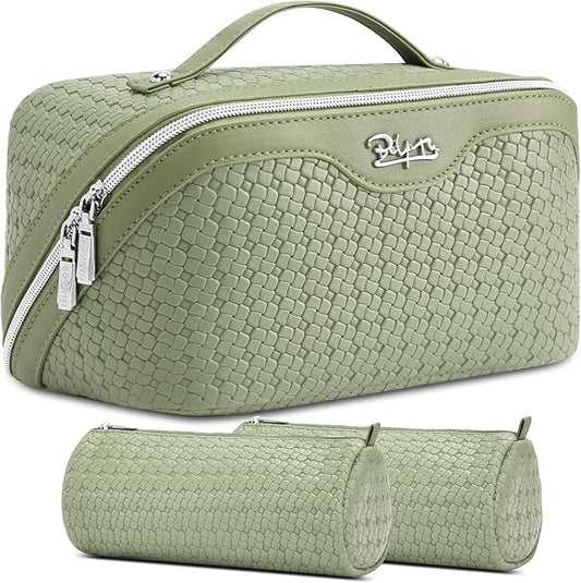 BOYATU Travel Makeup Bag Cosmetic Bags for Women: Large Capacity 3 Pcs Set Make up Bag with Compartments - Waterproof Vegan Leather Toiletry Organizer Bags with Handle (L51Grass Green) by BOYATU