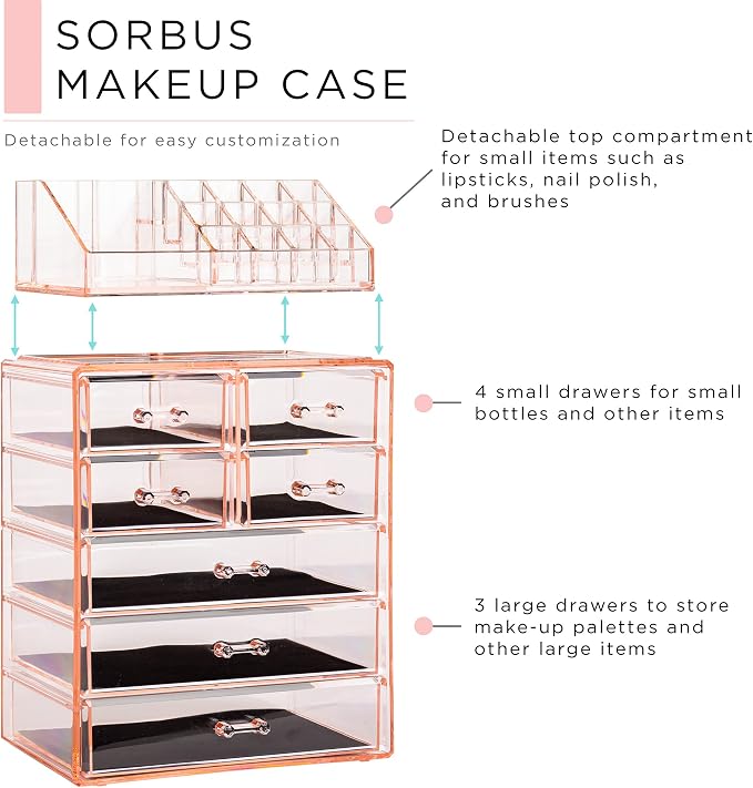Sorbus Acrylic Makeup Organizer Set, 7-Drawer Vanity & Countertop Cosmetic Storage with Small & Wide Compartments, Pink Makeup Storage for Brushes, Jewelry – Holiday Gift for Women & Teens - Image 4