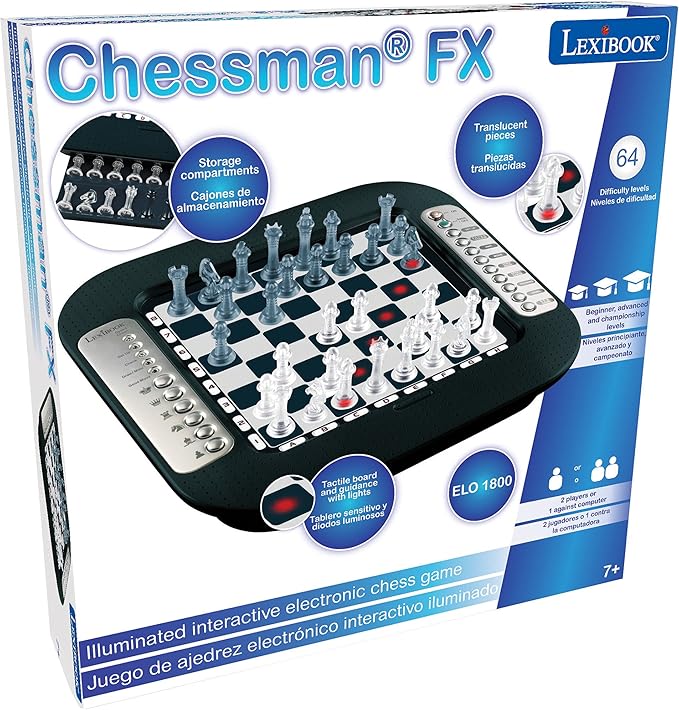 Lexibook Chessman® FX, Electronic Chess Game with Tactile Keyboard and Light and Sound Effects, 32 Pieces, 64 Levels of Difficulty, Family Board Game, Black/Grey, CG1335