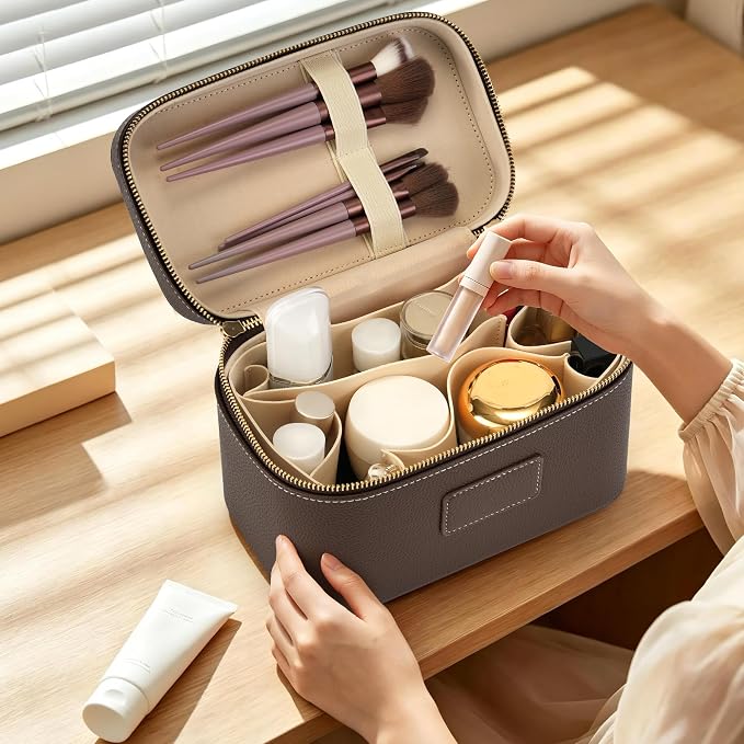 Makeup Bag Travel Toiletry Leather Cosmetic Case, Waterproof Makeup Organizer with Brush Holder, Wipe Clean Removable Divider Vanity Train Bag for Women, Coffe - Image 6