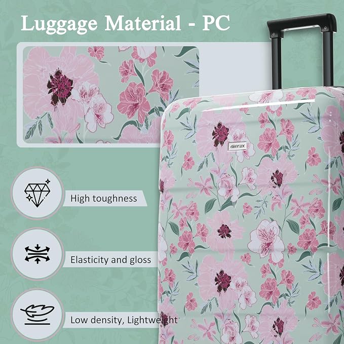 Merax Luggage Set,5 Piece Luggage with Handbag and Cosmetic Case | Hardside Printing Suitcase with Wheels,Carry on Luggage Airline Approved(Green Pink Flower,8/14/20/24/28) - Image 2