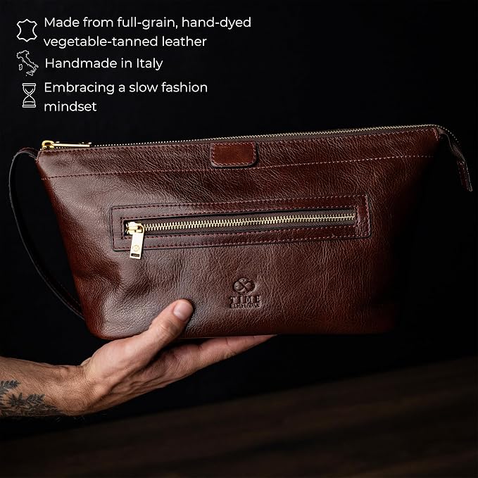Time Resistance Leather Toiletry Bag - Dopp Kit, Full-grain Leather Cosmetic Case, Wash Bag (Brown) - Image 4