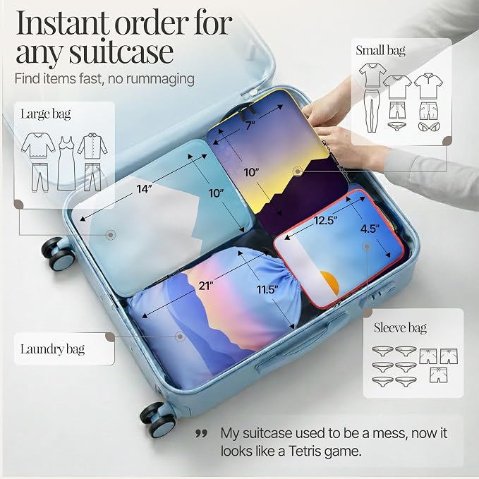 Well Traveled 8 pcs Compression Packing Bags Cubes Set with HybridMax Double-Capacity Design - Packing Cubes for Travel Compression to Maximize Limited Luggage Space, Vista - Image 4