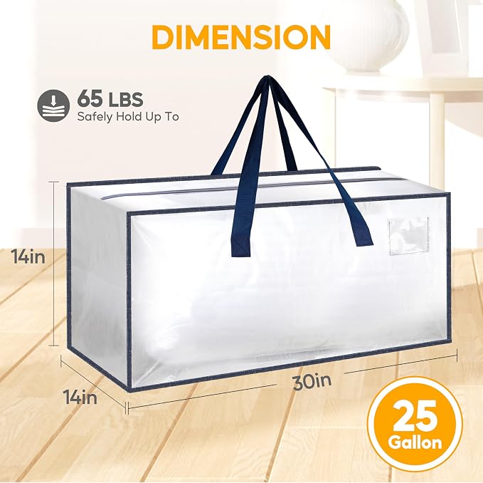 HealSmart 10 Pack Extra Large Moving Bags with Zippers & Carrying Handles, Heavy-Duty Storage Tote Moving Boxes for Dorm Room Essentials Storage Bags, Clear - Image 2