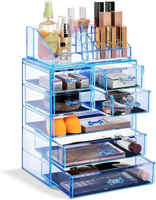Sorbus Acrylic Makeup Organizer Set, 7-Drawer Vanity & Countertop Cosmetic Storage with Small & Wide Compartments, Blue Brilliance Makeup Storage for Brushes, Jewelry – Holiday Gift for Women & Teens by Sorbus
